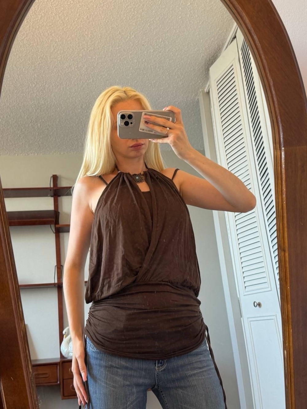 Y2K Brown Halter Draped Women's Top